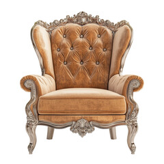 regal armchair, An elegant regal armchair featuring intricate carvings and plush fabric, isolated on transparent background