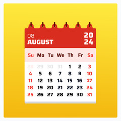 August 2024 calendar. Red calendar square. 2024 Weekend placed sunday to saturday. Monthly planning template. August calendar grid format. Vector illustration.

