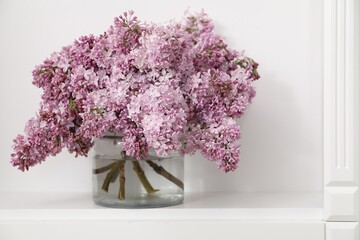 Beautiful lilac flowers in glass vase on shelf indoors