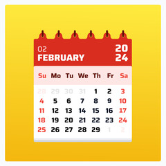 February 2024 calendar. Red calendar square. 2024 Weekend includes saturday and sunday. Monthly layout design. Calendar grid for February 2024. Vector illustration.


