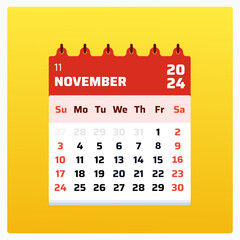 November 2024 calendar. Red calendar square. 2024 Weekend arranged sunday and saturday. Clean design layout. Calendar structure november 2024. Vector illustration.


