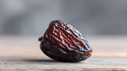 Macro shot of a single, plump date on rustic wood. Focus on healthy eating, Mediterranean diet, or natural sweetness. Great for food blogs or recipe illustrations.