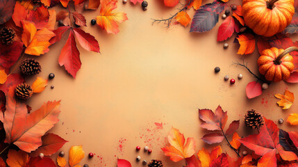 Autumn composition with colorful fallen leaves, pumpkins, pinecones, and nuts on warm background, creating seasonal frame with empty center space.