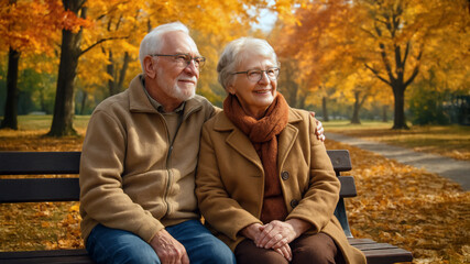 Senior couple sitting on park bench surrounded by autumn trees with colorful leaves, smiling and enjoying peaceful fall day together. Warm emotional scene.