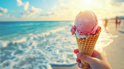Hand holding pink ice cream cone with melting scoops against sunny beach and ocean waves background. Refreshing summer treat with seaside vibe.