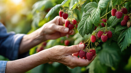 Hands of older person picking ripe red raspberries from green bush in garden with warm sunlight. Fresh harvest moment full of natural beauty.