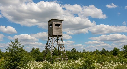 Hunting stand observation tower among greenery and cloudy sky