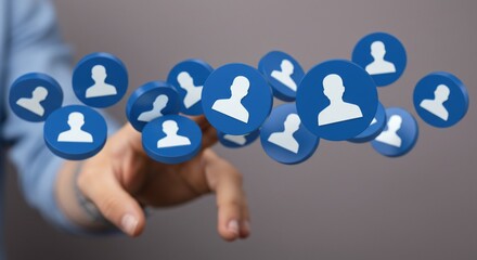 Human connection network with digital profile icons over hand