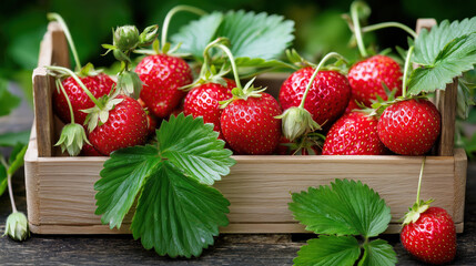 Fresh ripe strawberries with green leaves in wooden box on rustic table. Bright red berries showcase natural summer harvest and garden freshness.