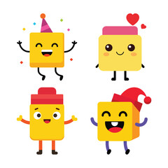 Vector art of four cheerful square characters celebrate, expressing joy and love, isolated on white background
