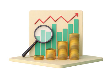 Financial growth chart with magnifying glass isolated on transparent background