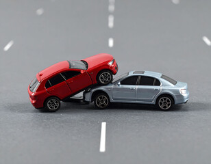 Concept shot depicting a car crash with miniature cars on a gray road. Symbolizes accidents, insurance, and road safety. Perfect for illustrating risks and consequences.