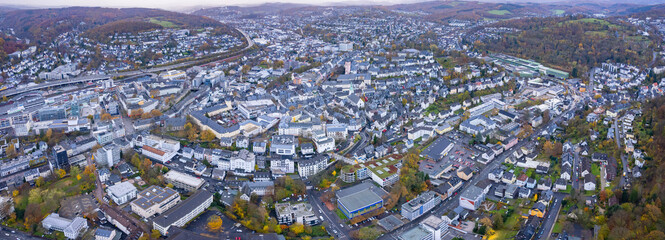 Aerial view around the old city of Siegen in Germany on a cloudy noon in autumn