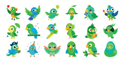 Vector art of collection of cute cartoon parrots isolated on white background