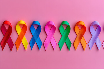 colorful ribbons on pink background, cancer awareness, World cancer day, world autism awareness day concept