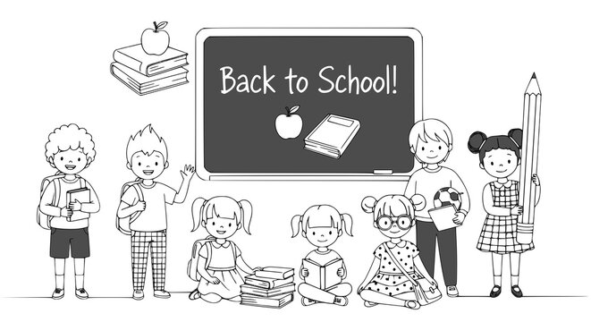 Back to school celebration. Schoolchildren. Monochrome  drawing for coloring book. JPEG version.