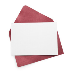 Blank invitation card and envelope isolated on white, top view. Space for design