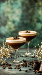Elegant espresso martini cocktail served in a classic martini glass, garnished with whole coffee beans. Bright, clean background with empty caption space on the side, perfect for modern beverage prese