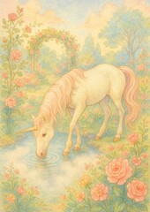 Magical unicorn in floral paradise.