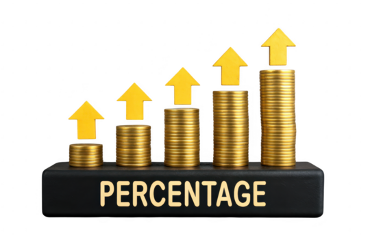Percentage growth chart with coin stacks isolated on transparent background