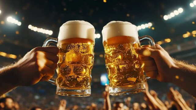Celebrating a lively atmosphere with cheers and clinking beer glasses as fans raise their drinks in excitement during a sport event at a stadium