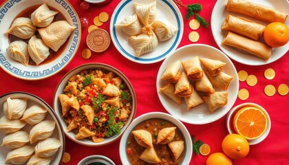 An overhead shot displaying a vibrant arrangement of festive Asian dishes