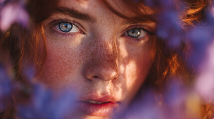 A close up portrait of a woman with red hair and blue eyes surrounded by purple flowers in soft light