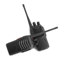 Two walkie talkies on white background, top view. Police equipment