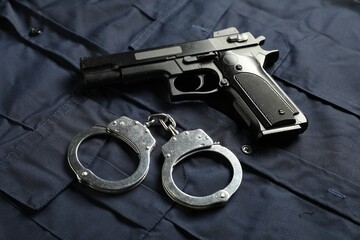 Black gun and handcuffs on dark blue uniform, above view. Police equipment
