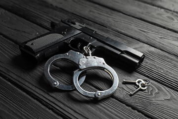 Gun, handcuffs and keys on black wooden table, closeup. Police equipment