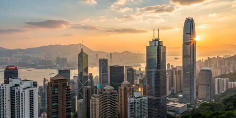 A stunning sunset view over the hong kong skyline, with skyscrapers rising from the sea and mountains in the background