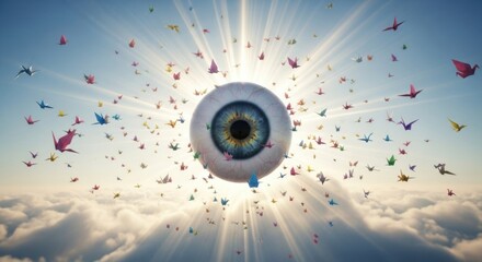 Surreal vision of giant eye in sky surrounded by flock of origami birds