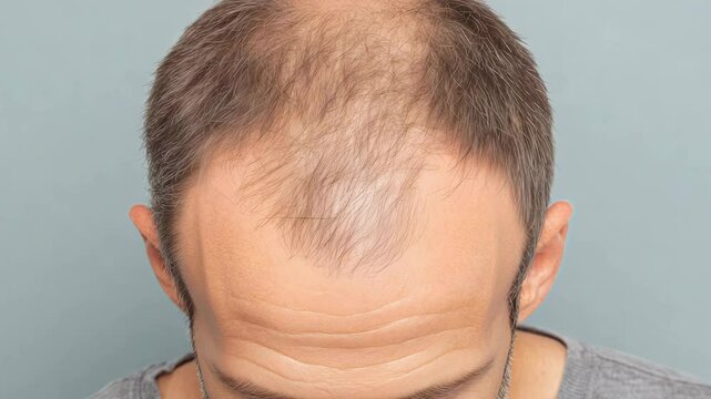 A man examines his thinning hair while standing against a plain gray background