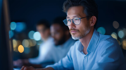 AI Software Engineers Collaborating Late in High-Tech Office