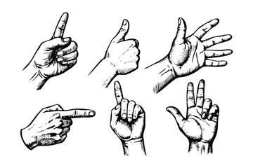 Hand Gestures Vector Engraving Set. Detailed Monochrome Comic Style Illustrations. Vintage Stipple & Hatching Icons & Symbols