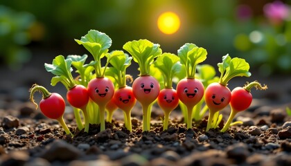 a bunch of smiling radishes peeking out of the ground, tiny sun rays above.