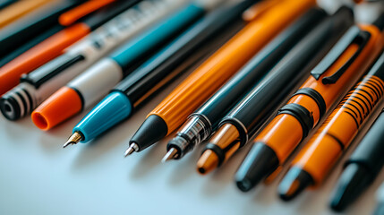 Close-up shot of various colorful pens arranged together, showcasing different designs and styles.  Ideal for stationery, office supplies, or writing-related projects.