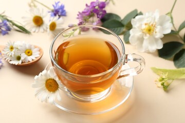 Aromatic herbal tea in glass cup and different flowers on beige background, closeup