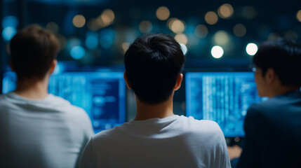 Asian software engineers collaborating on AI development at night