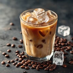 Premium iced coffee served with coffee beans scattered nearby