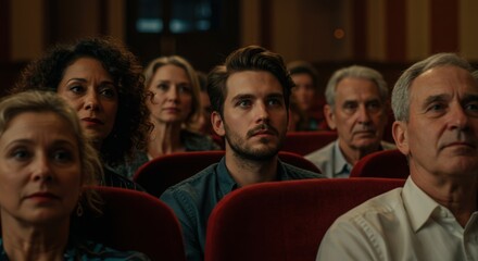 Engaged audience watching a movie in a theater with red seats and diverse attendees