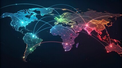 World map on a technological background, glowing lines symbols of the Internet, radio, television, mobile and satellite communications.Global network connection over the world. 3d rendering 