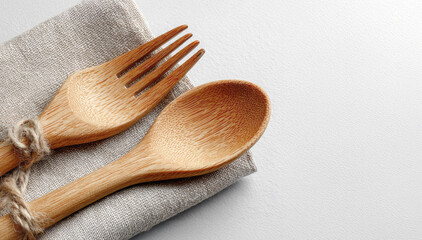 Eco-friendly bamboo fork and spoon placed on canvas cloth napkin on white background with space for text. Sustainability, zero waste and natural living concept