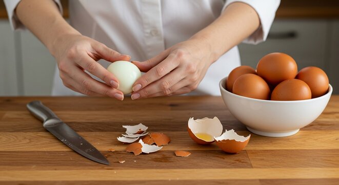 Peeling hard boiled egg food preparation