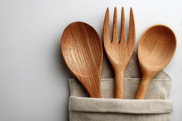 Eco friendly bamboo fork and spoon wrapped in canvas cloth napkin on white background. Concept of sustainability, zero waste and natural living. Copy space