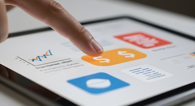 Finger Interacting with Financial Data on Tablet Display - Powered by Adobe