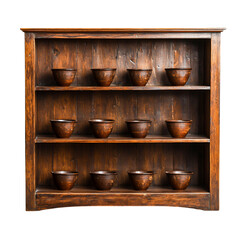 Rustic wooden shelf with clay pots arranged in neat rows for unique decor