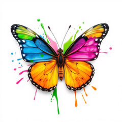 Obraz premium Vibrant butterfly with paint splashes, A striking butterfly with vividly painted wings and colorful paint splatter effects