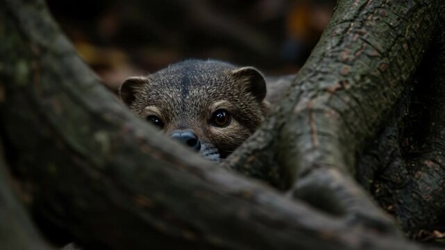 Bushy-tailed Olingo Peek: Close-Up of a Curious Mammal in Natural Habitat