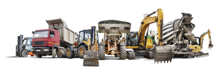 A lineup of heavy construction equipment awaits rental, showcasing vehicles like excavators, trucks, and mixers ideal for numerous building tasks.